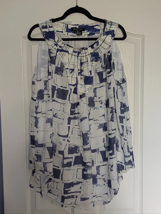 Etcetera White and Navy Printed Round Neck Sleeveless Silk Blouse - Picture 1 of 7